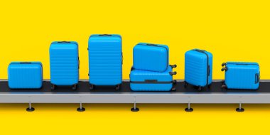 Airport luggage conveyor belt, manufacture line or baggage claim area with suitcases on yellow background. 3d render of travel vacation concept.