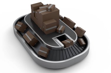 Havaalanı valiz taşıma bandı ya da karton kutuları ya da beyaz arka planda kutuları olan bagaj teslim yeri. 3D seyahat konsepti, havaalanı veya depo hizmeti