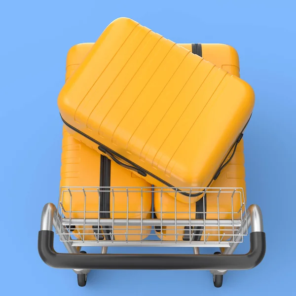 Regular polycarbonate suitcase on hotel trolley cart for carrying baggage on blue background. 3d render travel concept of hotel service on vacation and luggage transportation