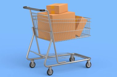 Alışveriş arabası ya da alışveriş arabası mavi arka planda. 3D satış, indirim, alışveriş ve teslimat konsepti, paket ve çevrimiçi alışveriş