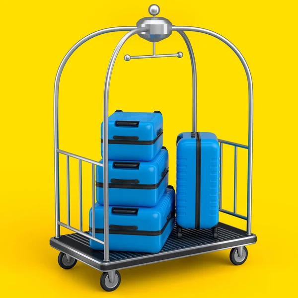 Regular polycarbonate suitcase on hotel trolley cart for carrying baggage on yellow background. 3d render travel concept of hotel service on vacation and luggage transportation