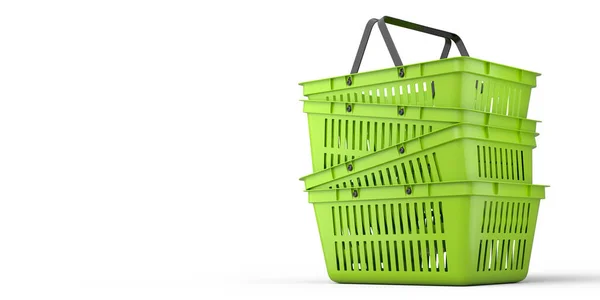 Pilha Cesta Compras Plástico Supermercado Fundo Branco Renderizar Conceito Compras — Fotografia de Stock