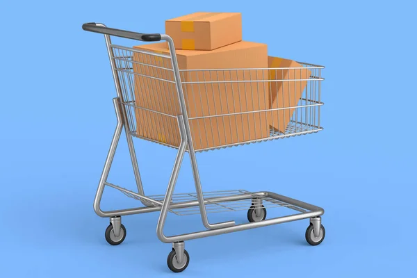 Shopping cart or trolley for groceries on blue background. 3d render concept of sale, discount, shopping and delivery to warehouse, carrying parcel and online shopping