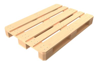 Depo için ahşap palet beyaz arka planda izole edilmiş. Kargo yükleme ve taşıma, nakliye, nakliye, depolama servis ekipmanları için 3D tepsi hazırlama