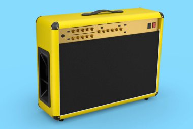 Klasik elektrik ve akustik gitar amplifikatörü mavi arka planda izole edildi. Stüdyo veya prova odasında bas gitar kaydetmek için 3D yükseltici