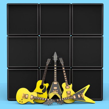 Mavi arka planda elektrikli akustik gitar ve amplifikatör seti. Müzik dükkanı için heavy metal gitarlı 3D rock festivali posteri.