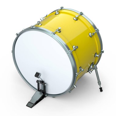 Beyaz arka planda pedalı olan gerçekçi bir davul. 3D render müzik aleti, davul makinesi konsepti.