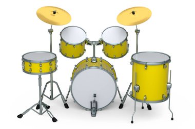 Beyaz arka planda metal zilleri olan gerçekçi davullar. 3D render müzik perküsyon enstrümanı, davul makinesi ve bateri seti