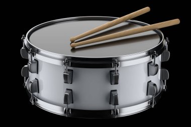 Gerçekçi davul ve siyah arka planda tahta bagetler. 3D render müzik aleti, davul makinesi konsepti.