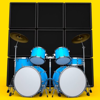 Metal zilli gerçekçi davullar ya da bateri seti ve sarı arka planda amplifikatör. 3D render müzik perküsyon enstrümanı, davul makinesi ve bateri seti
