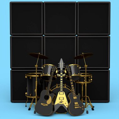 Mavi arka planda metal zilleri, bateri setleri, amplifikatörleri ve akustik gitarları olan gerçekçi davullar. 3D render müzik perküsyon enstrümanı, davul makinesi ve bateri seti