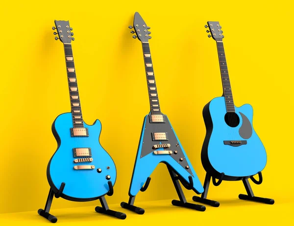 Set of electric acoustic guitar isolated on yellow background. 3d render of concept for rock festival poster with heavy metal guitar for music shop