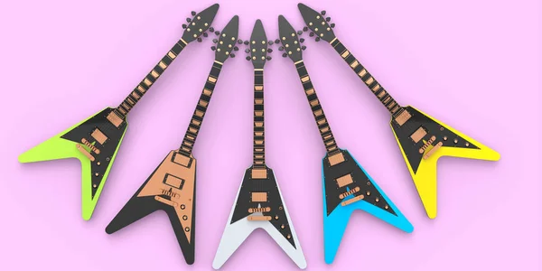 ピンクの背景に絶縁されたエレクトリックアコースティックギターのセット 音楽ショップのための重い金属ギターとロックフェスティバルポスターのための概念の3Dレンダリング — ストック写真
