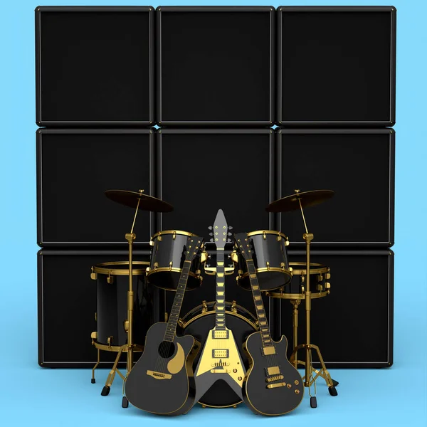 Set Realistic Drums Metal Cymbals Drumset Amplifier Acoustic Guitars Blue — Stok fotoğraf