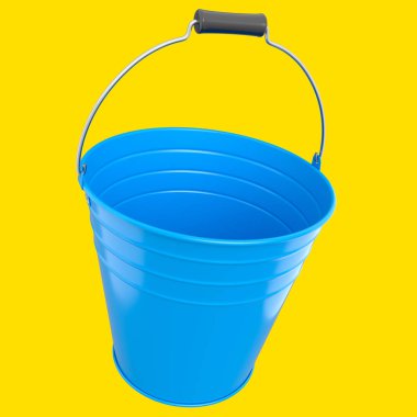 Empty metal garden bucket isolated on a yellow background. 3d render of care and hydration of plants