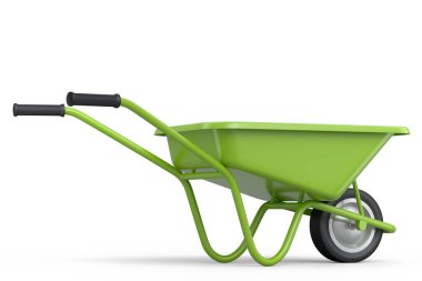 Bahçe arabası beyaz arka planda izole edilmiş. Direksiyonlu el arabası. Kargo taşımacılığı için 3D tarım bahçesi oluşturma aracı.