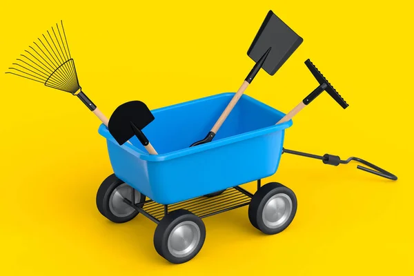 Garden Wheelbarrow Garden Tools Shovel Rake Fork Yellow Background Handcart — Fotografia de Stock