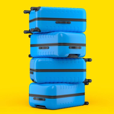 Stack of polycarbonate suitcases isolated on yellow background. 3d render travel concept of baggage or luggage
