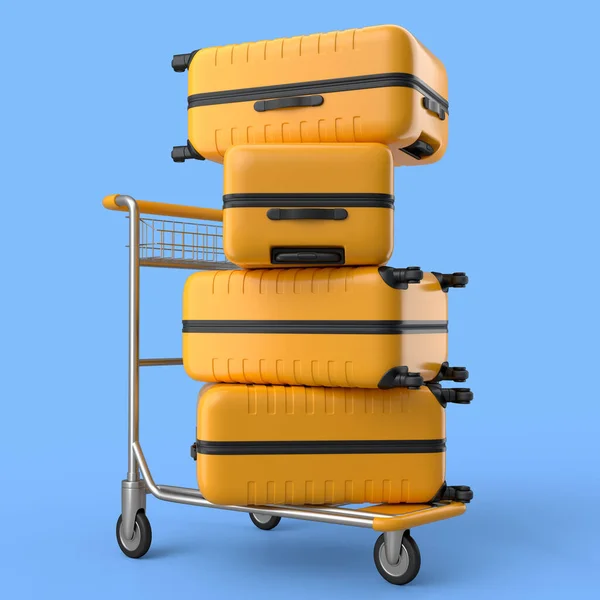 Regular polycarbonate suitcase on hotel trolley cart for carrying baggage on blue background. 3d render travel concept of hotel service on vacation and luggage transportation