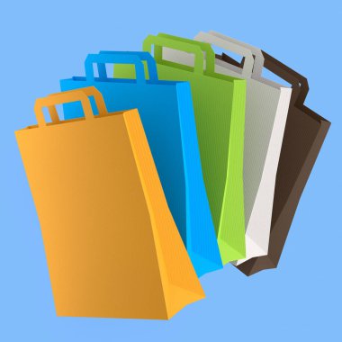 Set of kraft paper bag with handle isolated on blue background. 3d render concept of online shopping and gift boxing