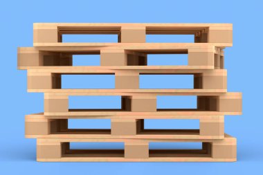 Mavi arka planda depo için tahtadan paletler var. Kargo yükleme ve taşıma, nakliye, nakliye, depolama servis ekipmanları için 3D tepsi hazırlama