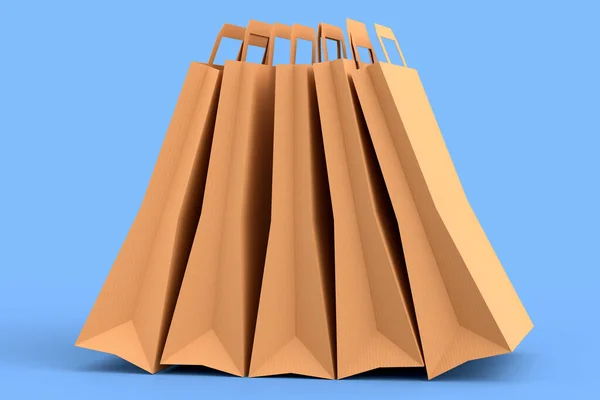 Set of kraft paper bag with handle isolated on blue background. 3d render concept of online shopping and gift boxing