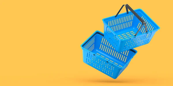 Conjunto Cesta Compras Plástico Supermercado Fundo Amarelo Renderizar Conceito Compras — Fotografia de Stock