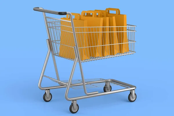 Shopping Cart Trolley Shopping Bag Blue Background Render Concept Sale — Stockfoto