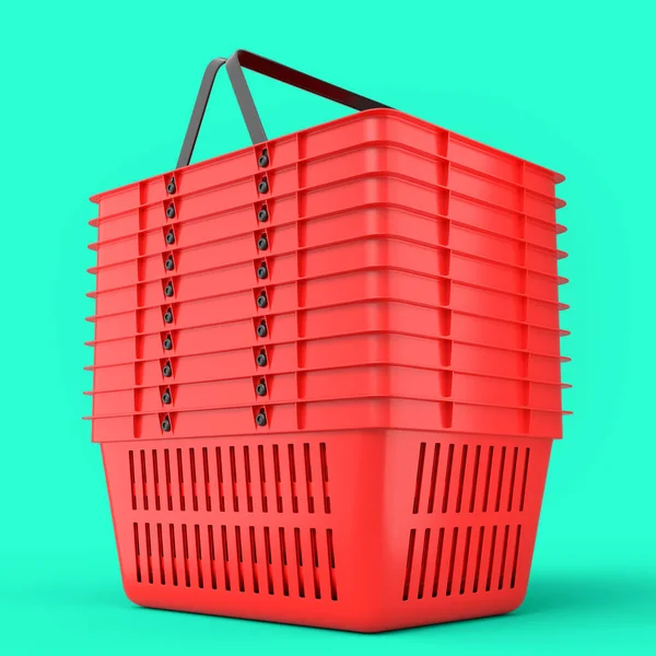 Stack of plastic shopping basket from supermarket on green background. 3d render concept of online shopping andblack friday sale