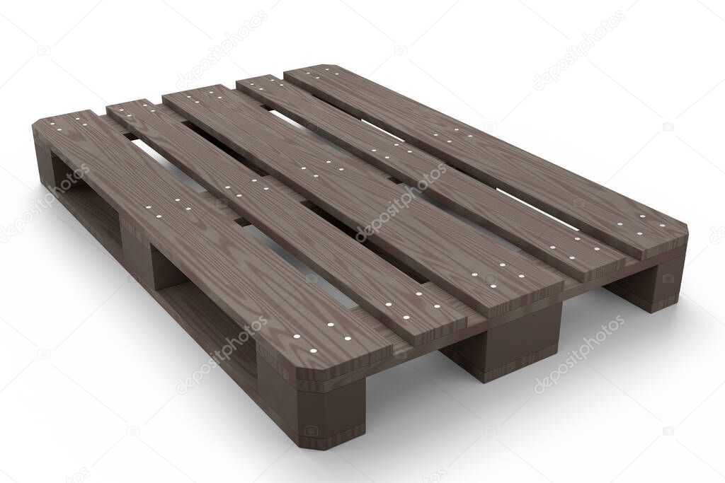 Wooden pallet for warehouse cargo storage isolated on white background. 3d render of tray for cargo loading and transportation, freight delivery, warehousing service equipment