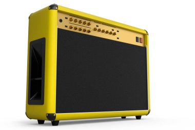 Beyaz zemin üzerinde klasik elektrik ve akustik gitar amplifikatörü izole edildi. Stüdyo veya prova odasında bas gitar kaydetmek için 3D yükseltici