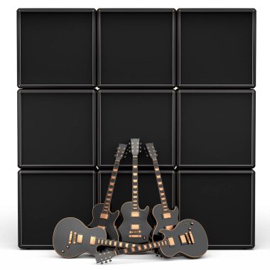 Beyaz arka planda elektrikli akustik gitar ve yükseltici seti. Müzik dükkanı için heavy metal gitarlı 3D rock festivali posteri.