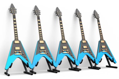 Beyaz arka planda izole edilmiş elektro akustik gitar seti. Müzik dükkanı için heavy metal gitarlı 3D rock festivali posteri.