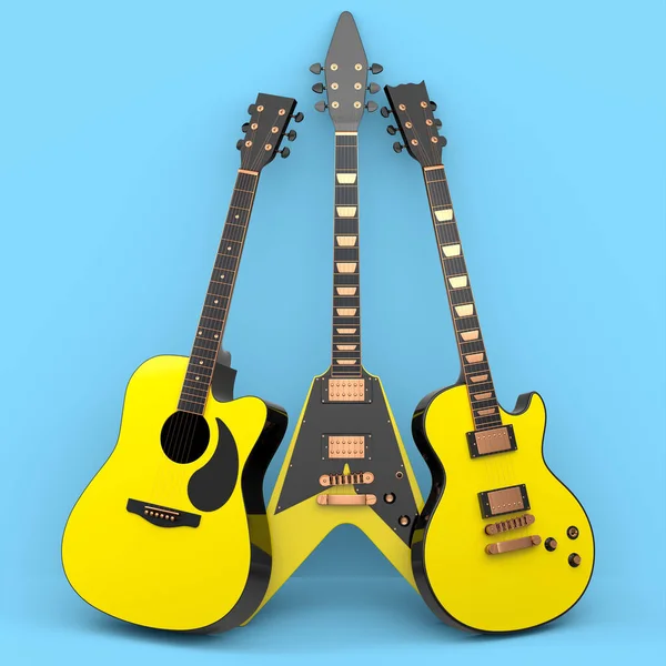 Set of electric acoustic guitar isolated on blue background. 3d render of concept for rock festival poster with heavy metal guitar for music shop