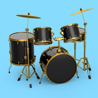 Mavi arka planda metal zilleri olan gerçekçi davullar. 3D render müzik perküsyon enstrümanı, davul makinesi ve bateri seti