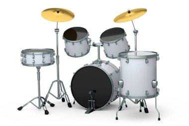 Beyaz arka planda metal zilleri olan gerçekçi davullar. 3D render müzik perküsyon enstrümanı, davul makinesi ve bateri seti