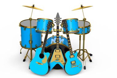 Tribünlerde metal zilleri ve beyaz arka planda akustik gitarları olan gerçekçi davullar. 3D render müzik perküsyon enstrümanı, davul makinesi ve bateri seti