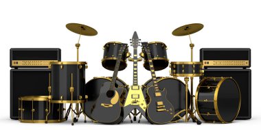 Metal zilli, bateri seti, amplifikatör ve akustik gitarlı gerçekçi davullar. 3D render müzik perküsyon enstrümanı, davul makinesi ve bateri seti