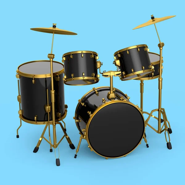 Set of realistic drums with metal cymbals on blue background. 3d render concept of musical percussion instrument, drum machine and drumset