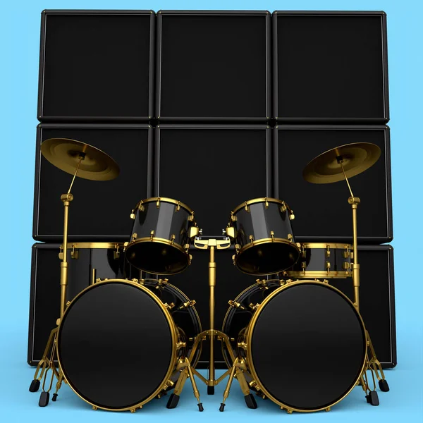 Set of realistic drums with metal cymbals or drumset and amplifier on blue background. 3d render concept of musical percussion instrument, drum machine and drumset