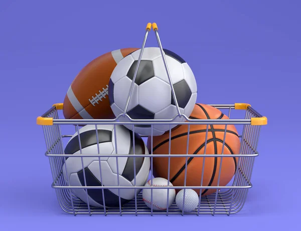 Set of ball like basketball, american football and golf in shopping basket on violet background. 3d rendering of sport accessories for team playing games
