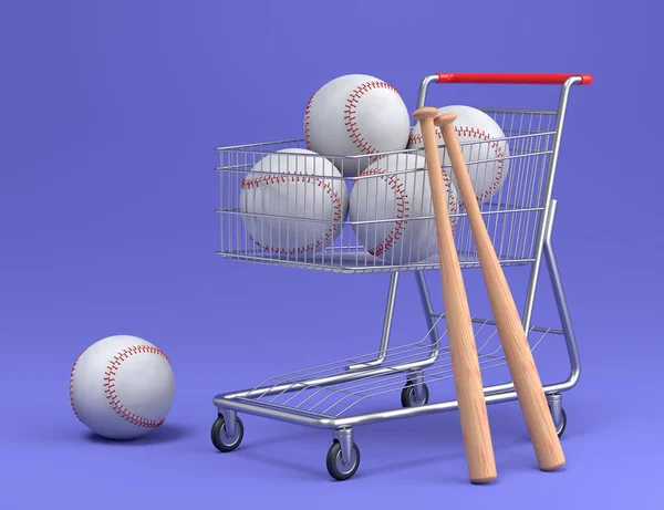 Set of ball like basketball, american football and golf in shopping cart on violet background. 3d rendering of sport accessories for team playing games