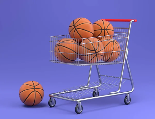 Set of ball like basketball, american football and golf in shopping cart on violet background. 3d rendering of sport accessories for team playing games