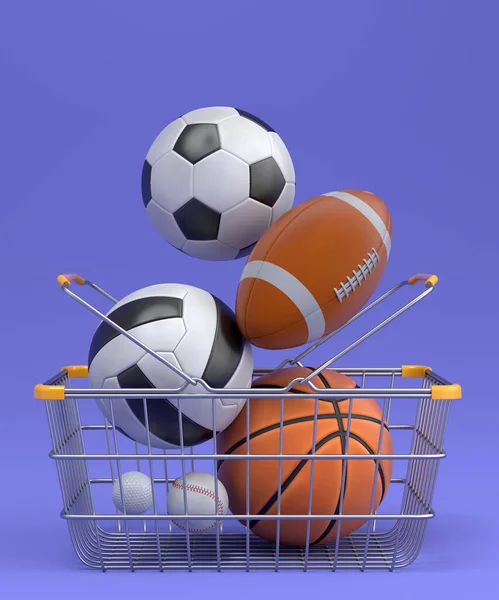 Set of ball like basketball, american football and golf in shopping basket on violet background. 3d rendering of sport accessories for team playing games