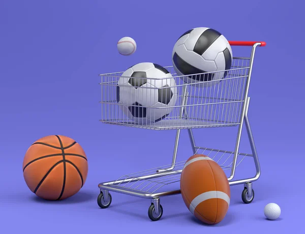 Set of ball like basketball, american football and golf in shopping cart on violet background. 3d rendering of sport accessories for team playing games
