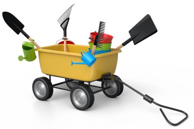 Bahçe el arabası, kürek, su kovası ve beyaz arka planda çatal gibi aletler. El arabası ya da direksiyonlu bir araba. Kargo taşımacılığı için 3D tarım bahçesi oluşturma aracı.