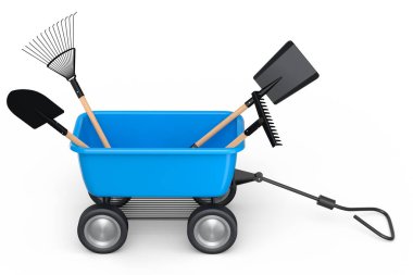 Bahçe el arabası, arka planda kürek, tırmık ve çatal gibi aletlerle. El arabası ya da direksiyonlu bir araba. Kargo taşımacılığı için 3D tarım bahçesi oluşturma aracı.