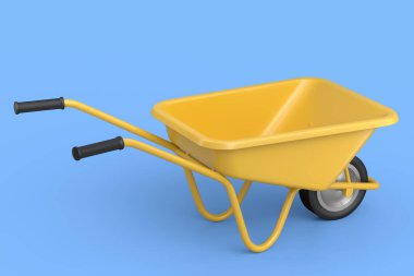 Garden wheelbarrow isolated on blue background. Handcart or cart with wheel. 3d render of farm gardening tool for carriage of cargoes.