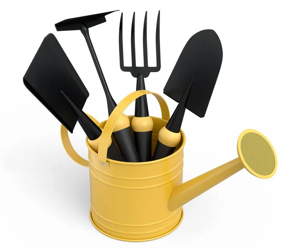 Watering Can Garden Tools Shovel Rake Fork White Background Render — Stock Photo, Image