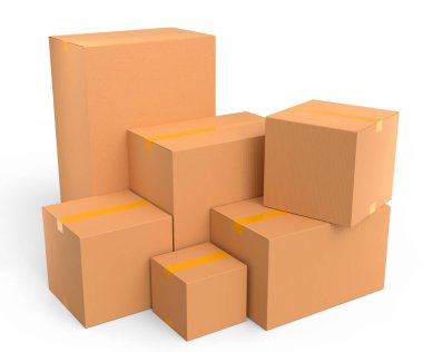 Karton kutular ya da beyaz arka planda izole edilmiş bir hediye kutusu. 3D ekspres teslimat kavramı depo, paket taşımak ve çevrimiçi alışveriş